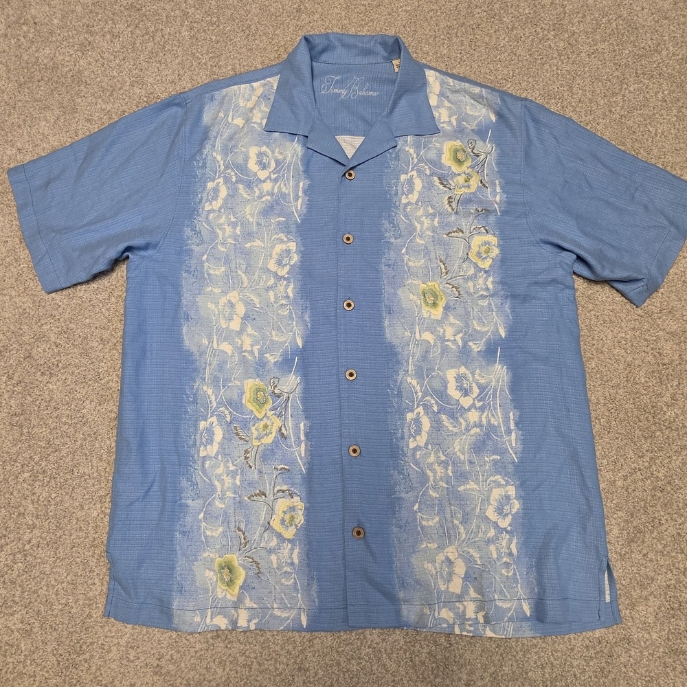 Tommy Bahama Silk Camp Shirt Mens Large Blue Embroidered Floral Hawaiian Aloha